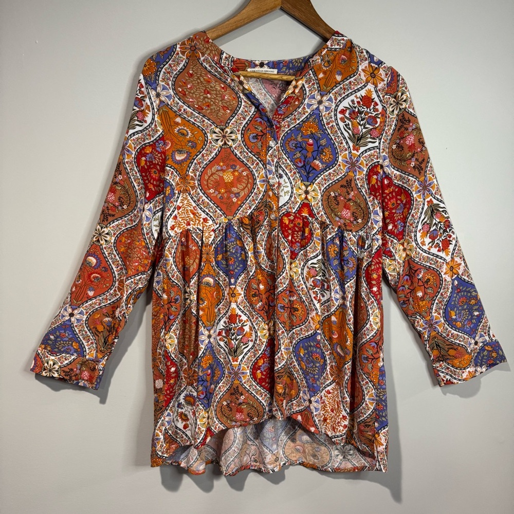 Christian Siriano Orange Floral Paisley Peplum Blouse Boho Peasant Cottagecore S